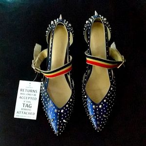 Jessica Buurman blue leather gold studs "Unia" pumps with kitten heel size 7.5